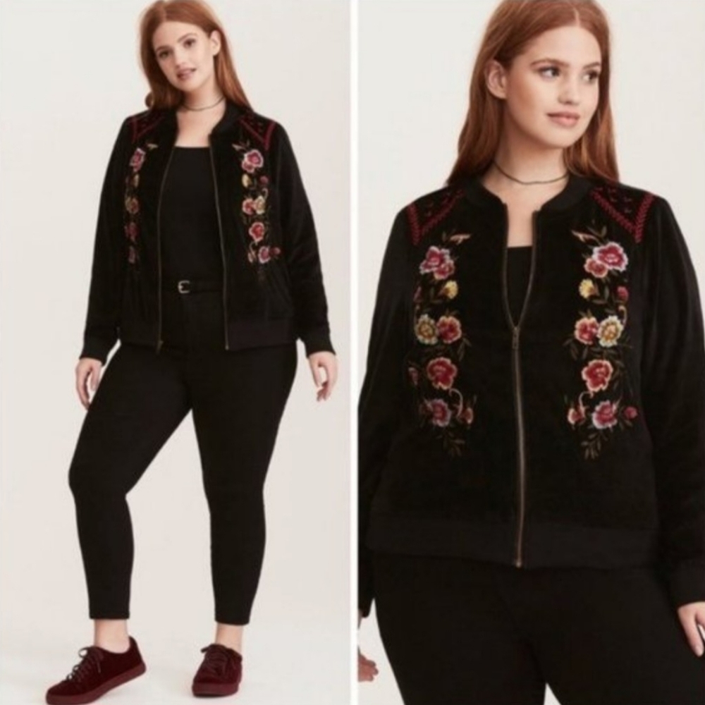 Torrid Black Velvet Boho Embroidered Floral Jacket